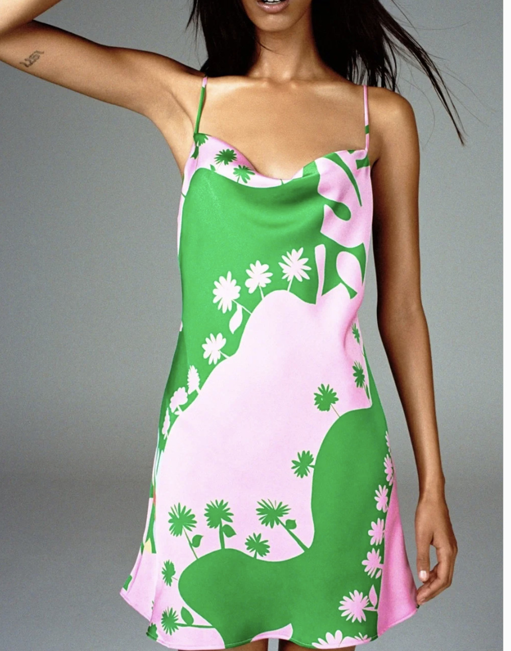 Zara Womens Dress Pink Green Satin Effect Print XS Mini